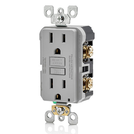 Leviton GFCI Receptacle, 15A, 125Vac, 5-15R, Gray GFNT1-GY